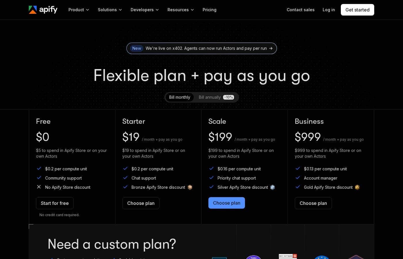 Apify pricing page screenshot