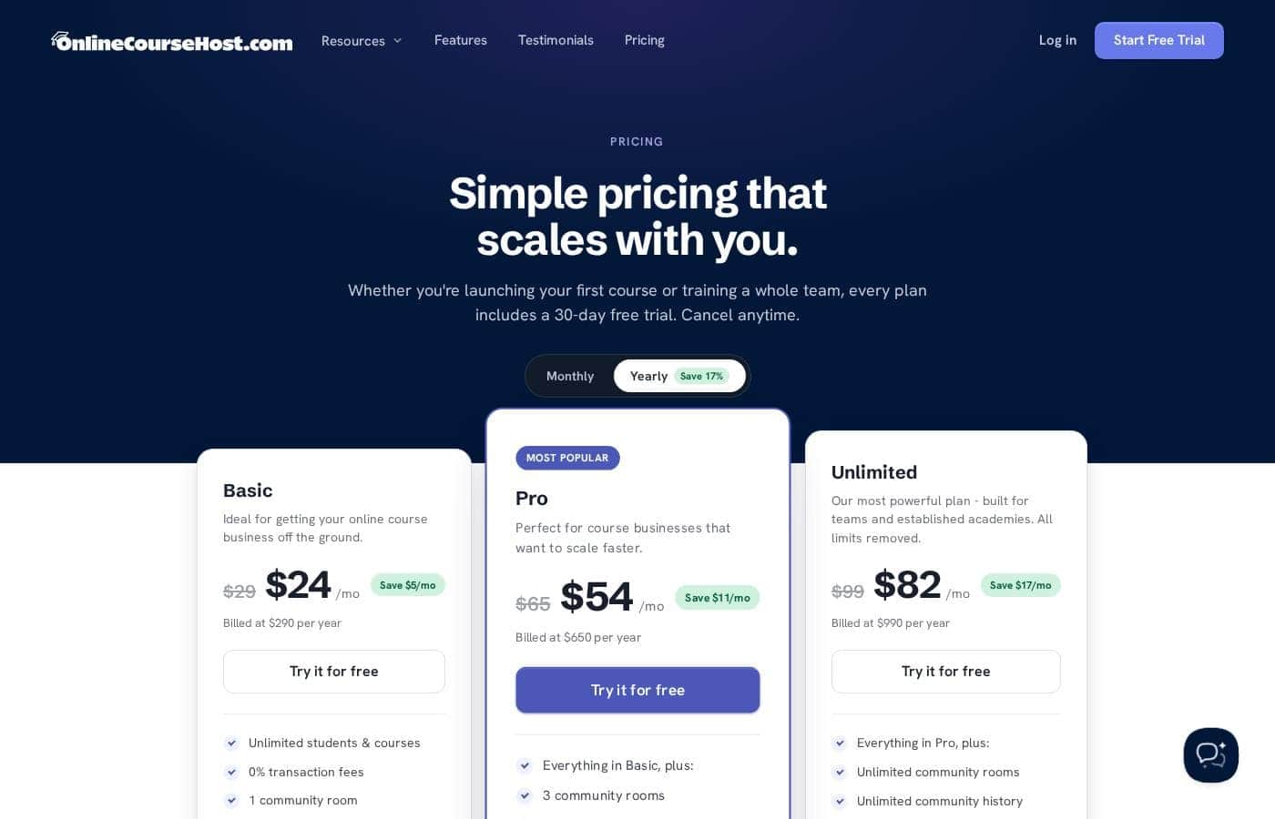 OnlineCourseHost pricing page screenshot