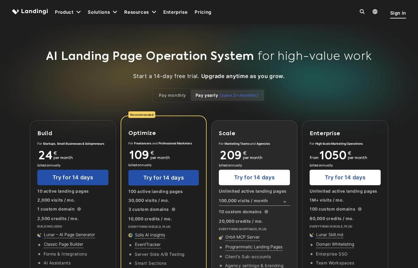 Landingi pricing page screenshot