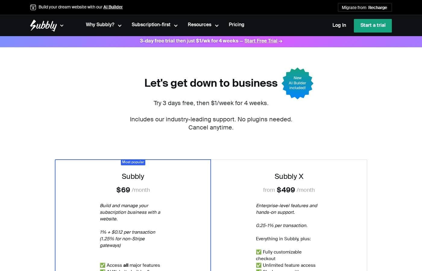 Subbly pricing page screenshot