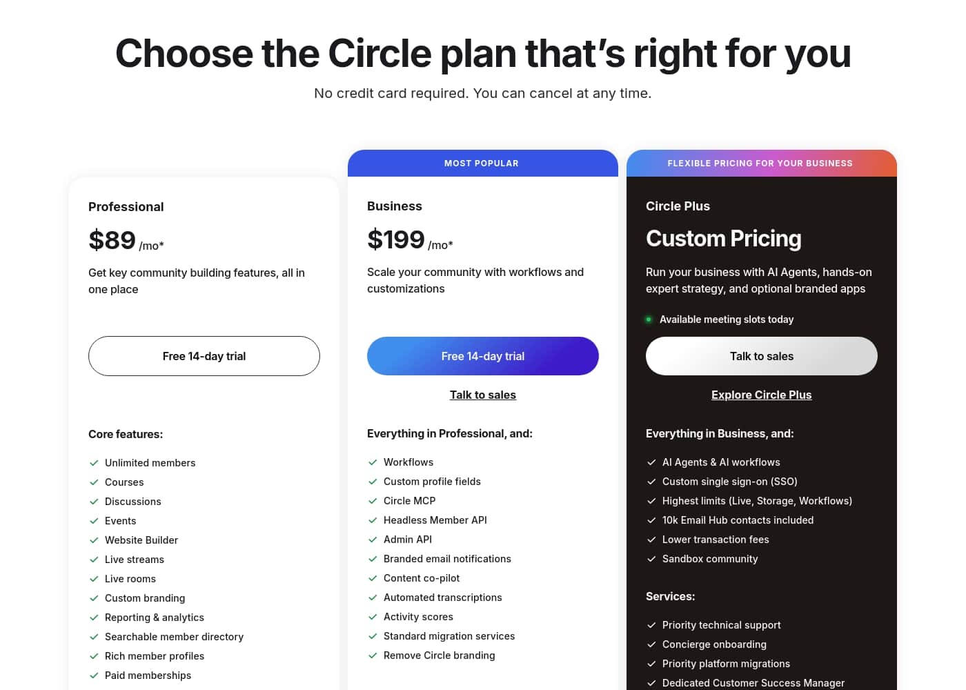 Circle.so pricing page screenshot
