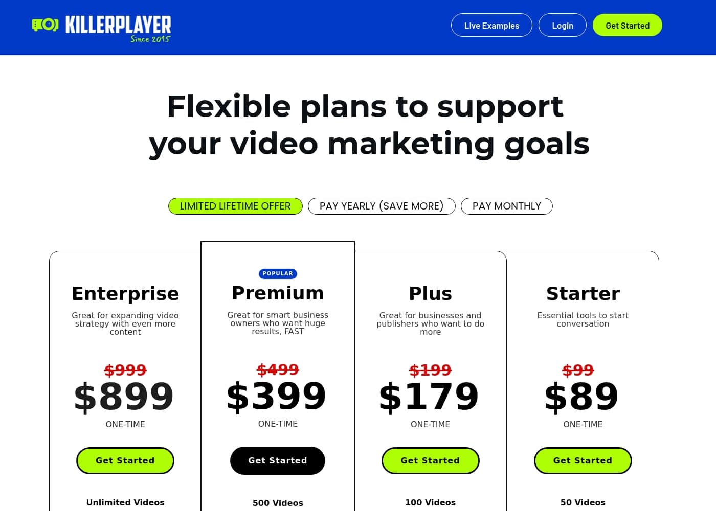 KillerPlayer pricing page screenshot