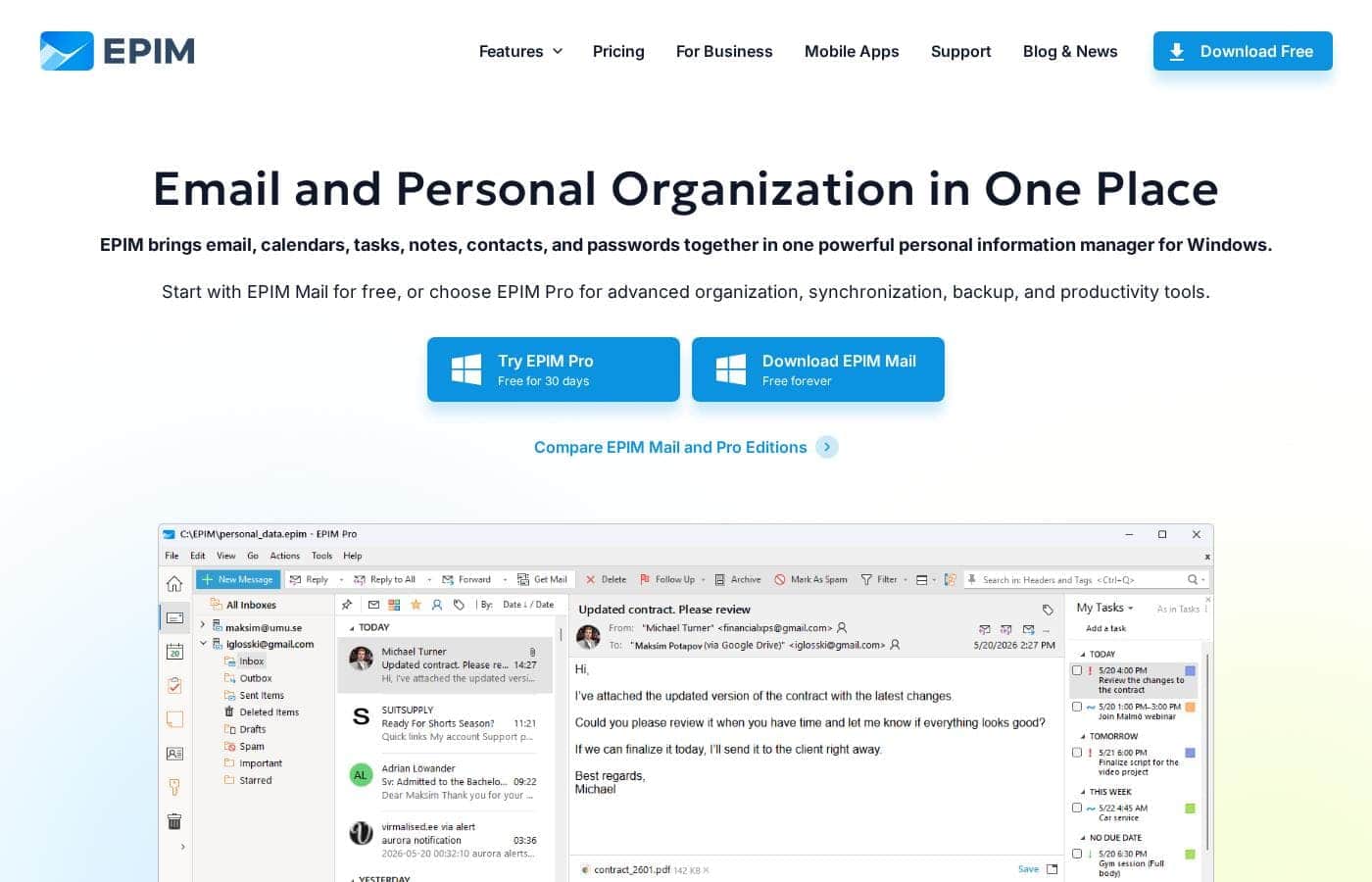 EssentialPIM homepage screenshot