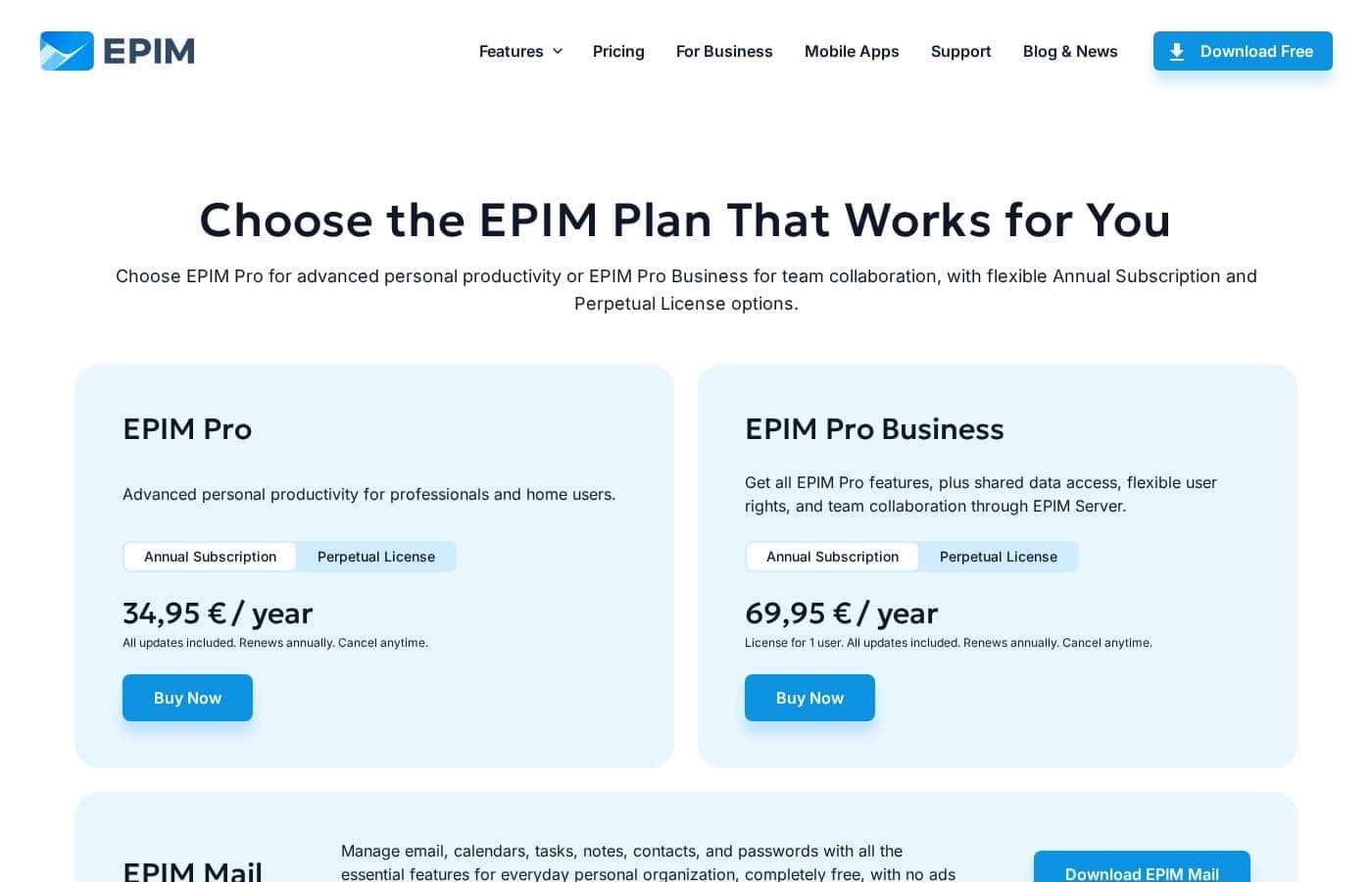 EssentialPIM pricing page screenshot
