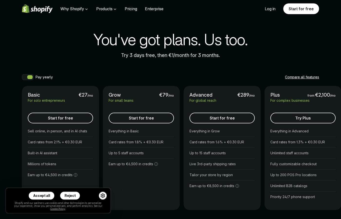 Shopify pricing page screenshot