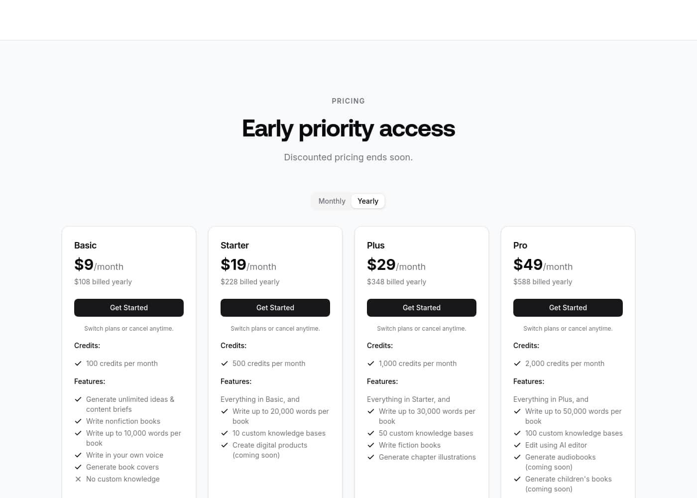BookWizard pricing page screenshot