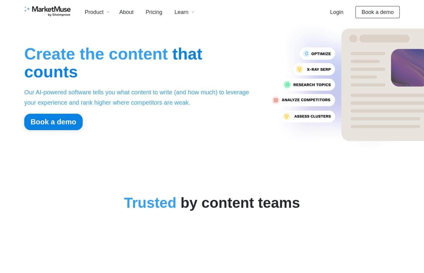 Captura de pantalla de la página de inicio de MarketMuse