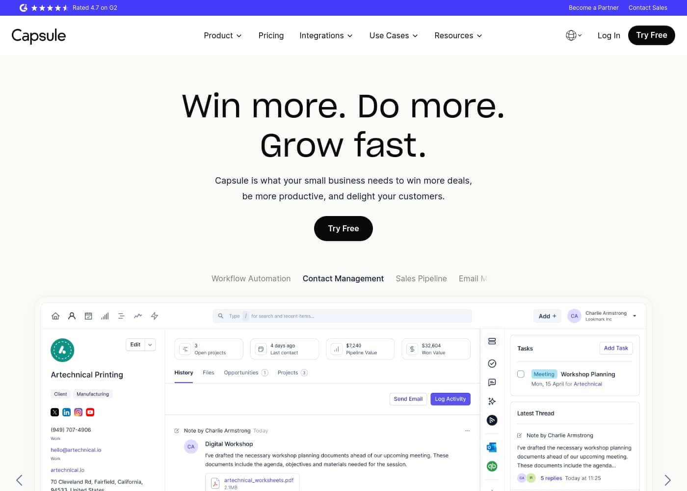 Capsule CRM 홈페이지 스크린샷