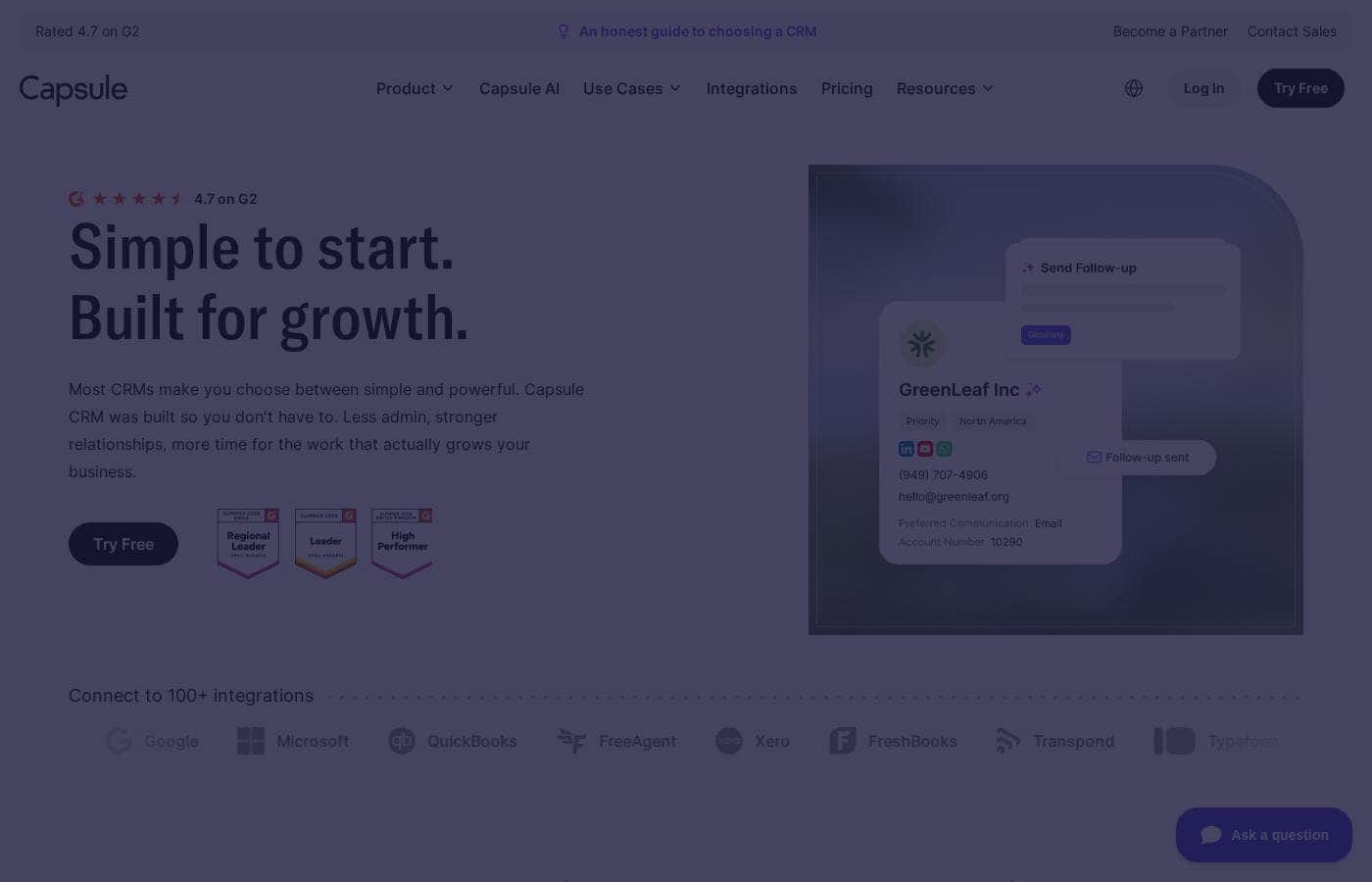 Capsule CRM homepage screenshot