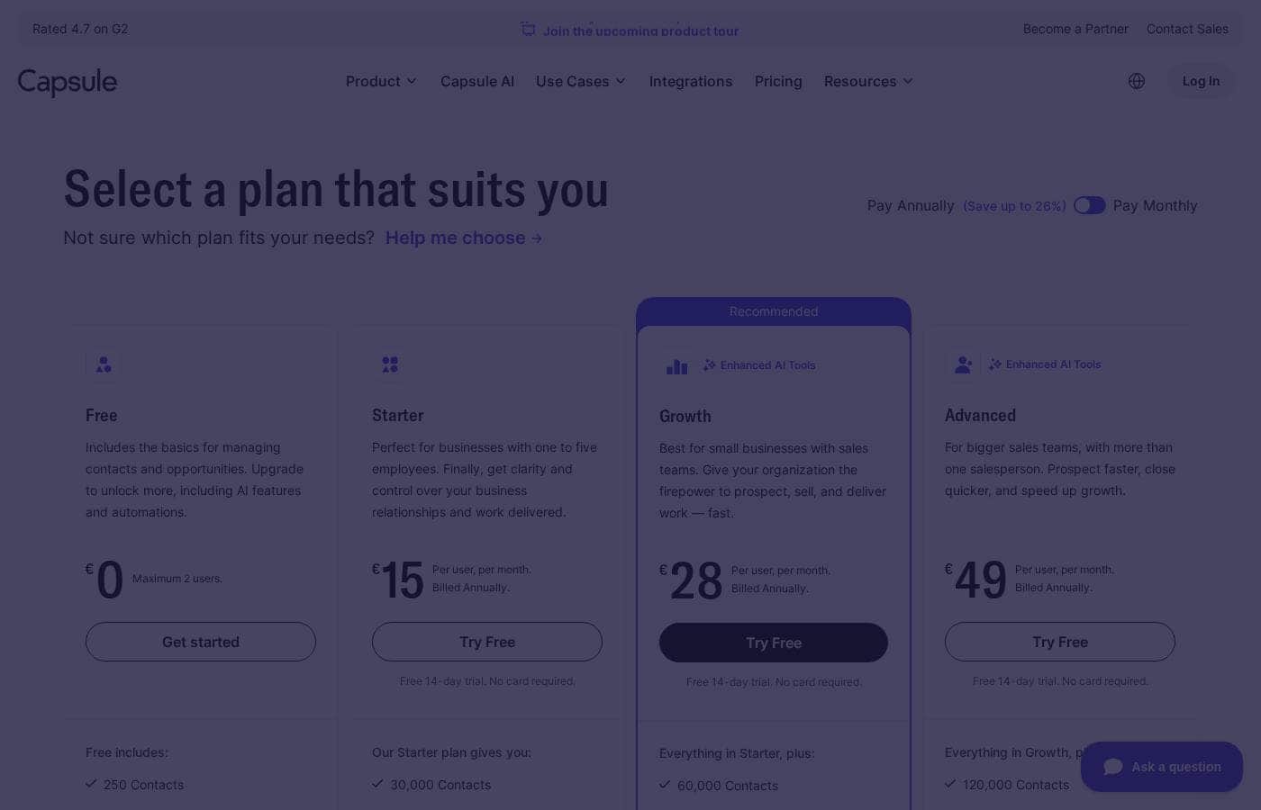Capsule CRM pricing page screenshot