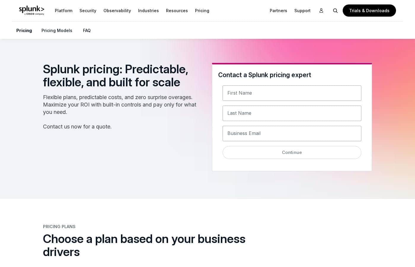 Splunk pricing page screenshot