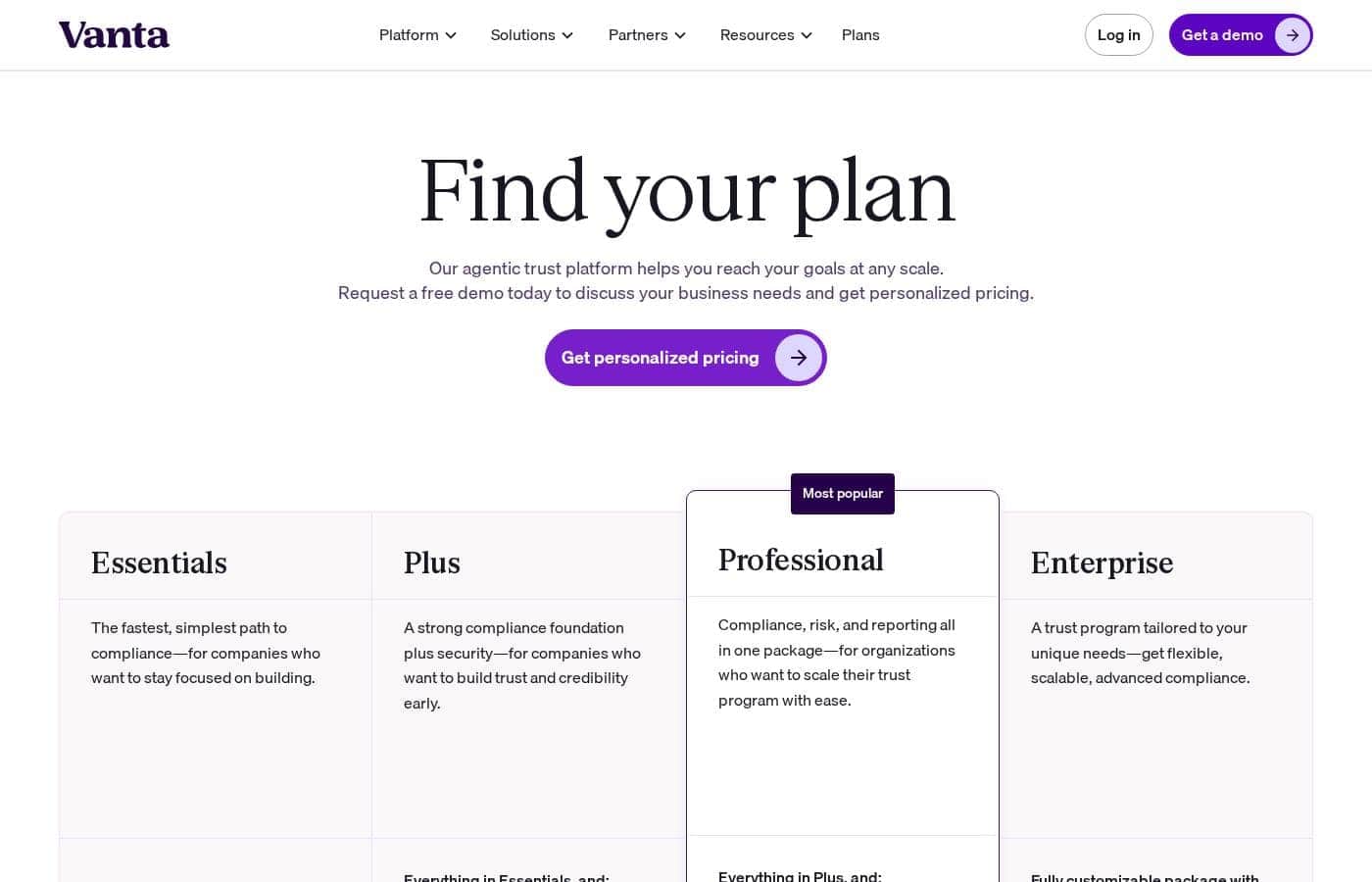Vanta pricing page screenshot