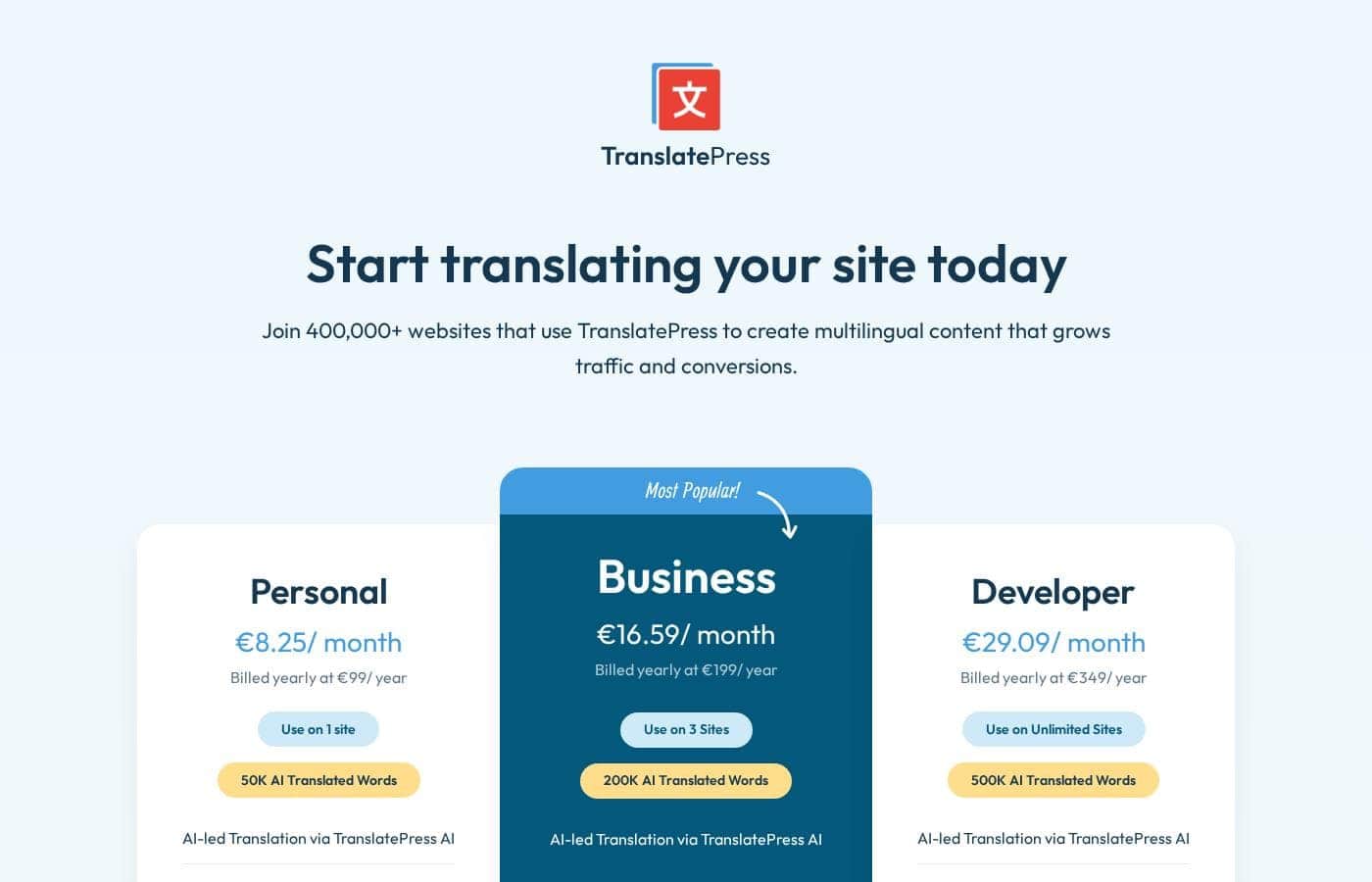 Translatepress pricing page screenshot