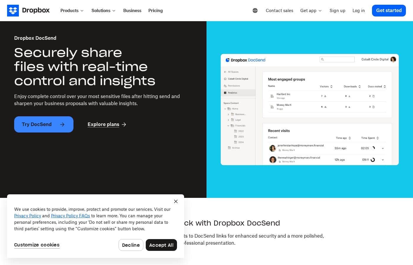 Dropbox DocSend homepage screenshot