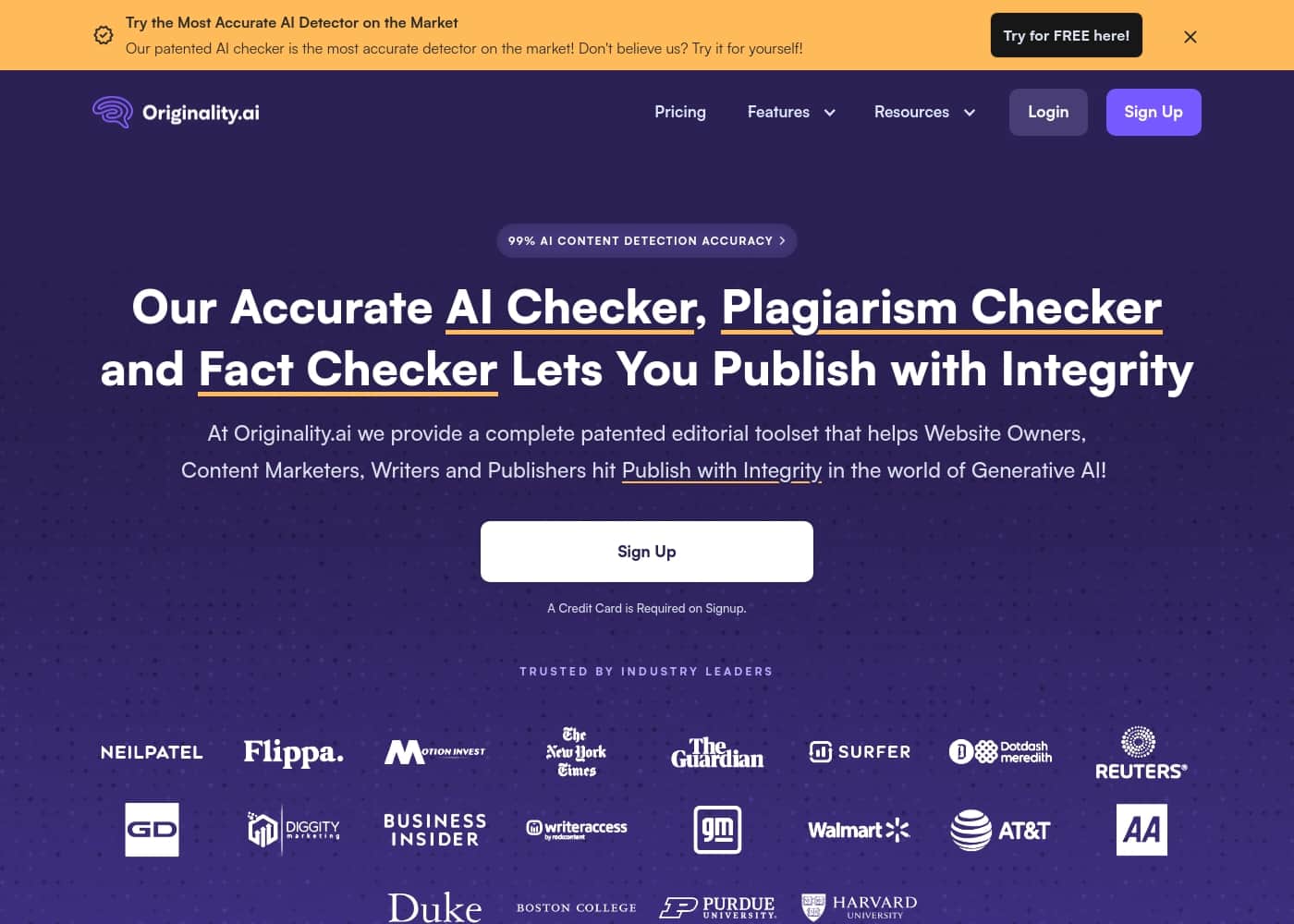 Screenshot della homepage di Originality.AI