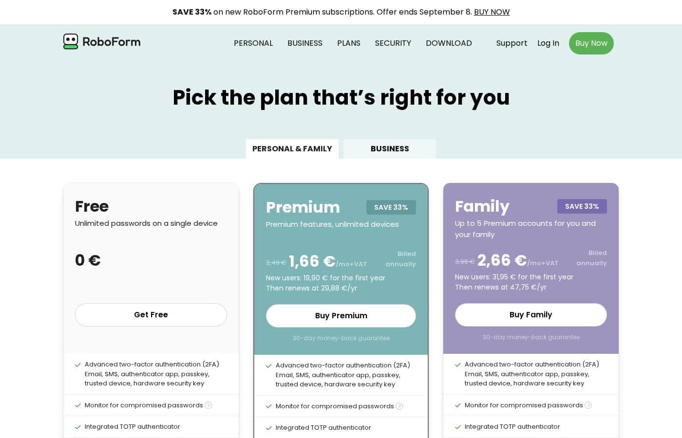 RoboForm pricing page screenshot