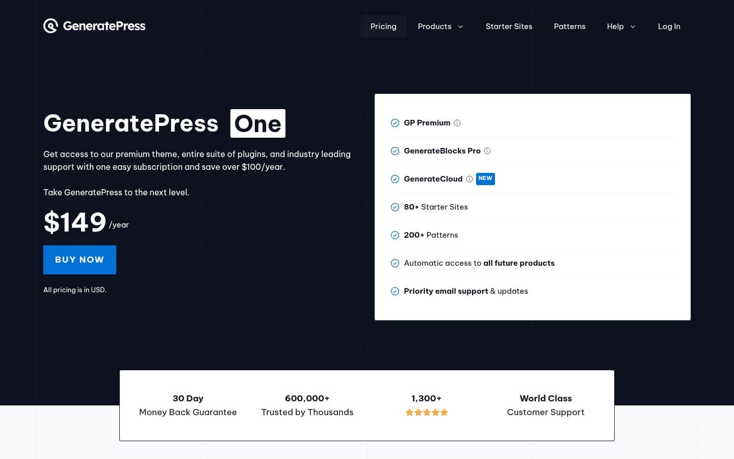 Capture d'écran de la page tarifs de GeneratePress