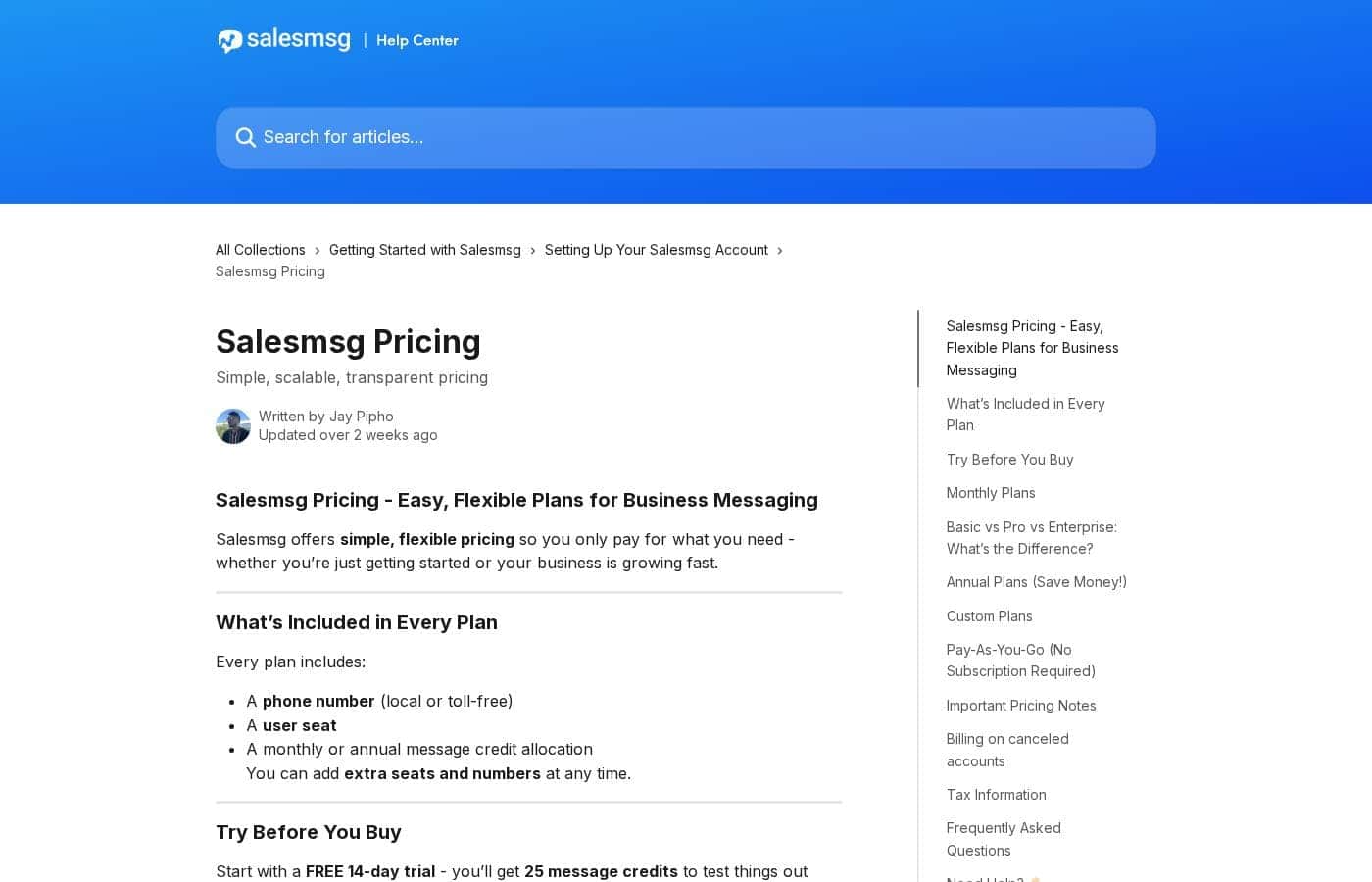 Salesmsg pricing page screenshot