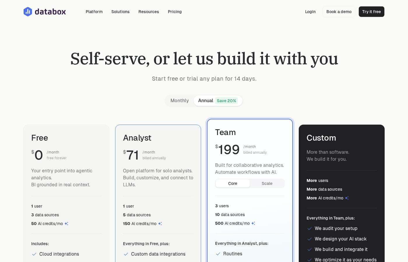 Databox pricing page screenshot