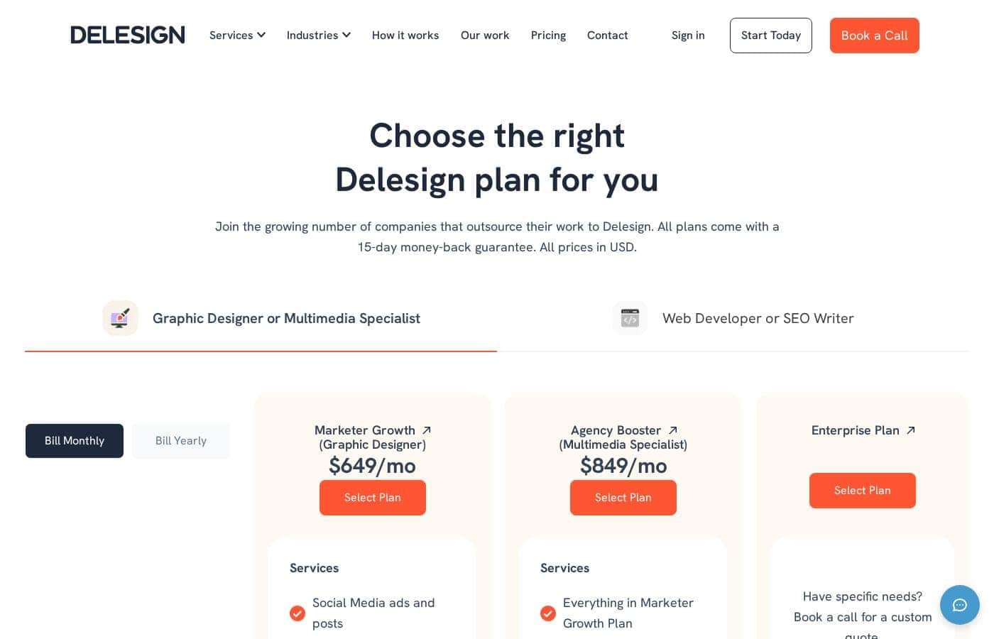 Delesignの料金ページのスクリーンショット