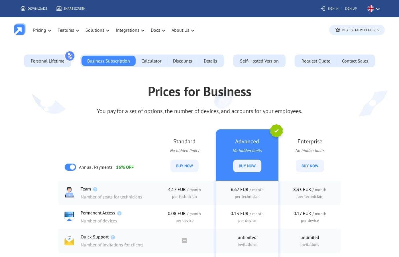 Getscreen.me pricing page screenshot