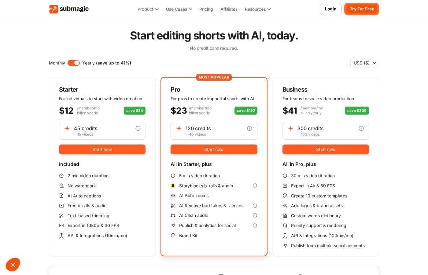 Submagic pricing page screenshot