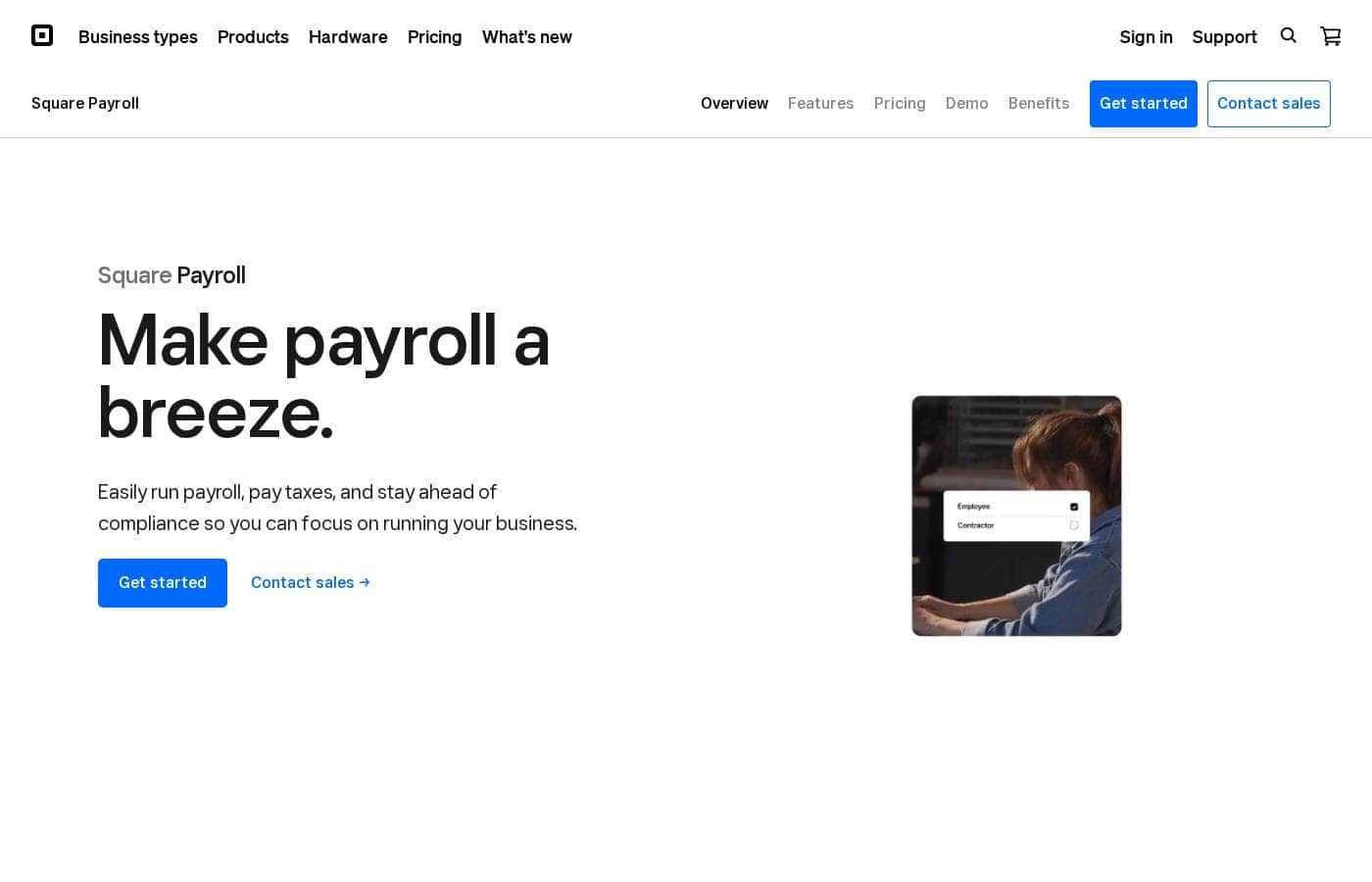 Zrzut ekranu strony głównej Square Payroll