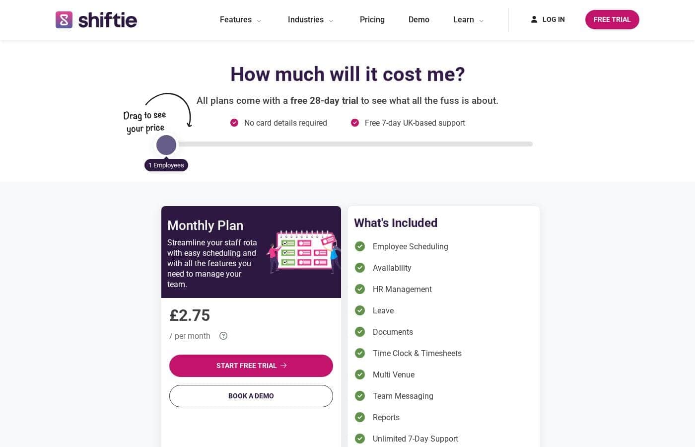 Captura de la página de precios de Shiftie