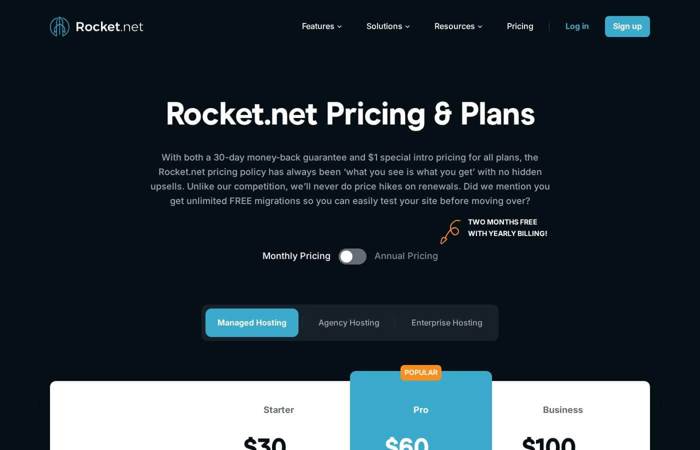 Captura de la página de precios de Rocket.net