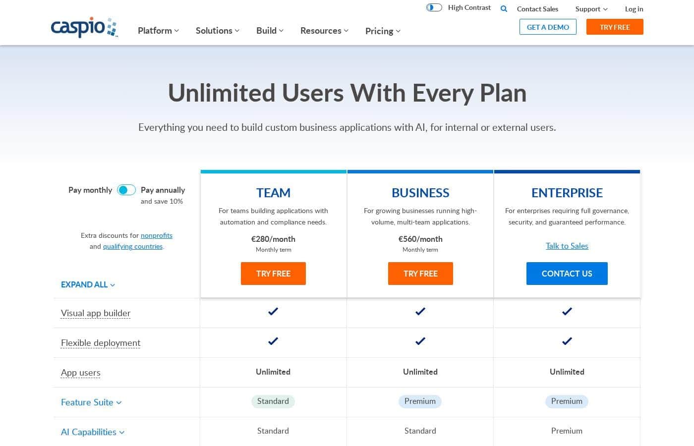 Caspio pricing page screenshot