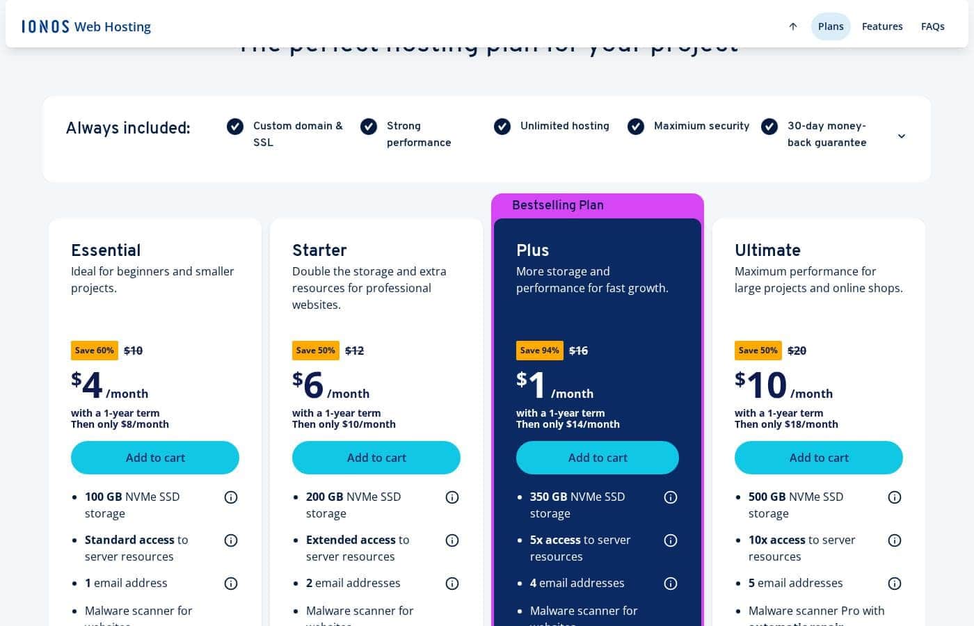 IONOS pricing page screenshot