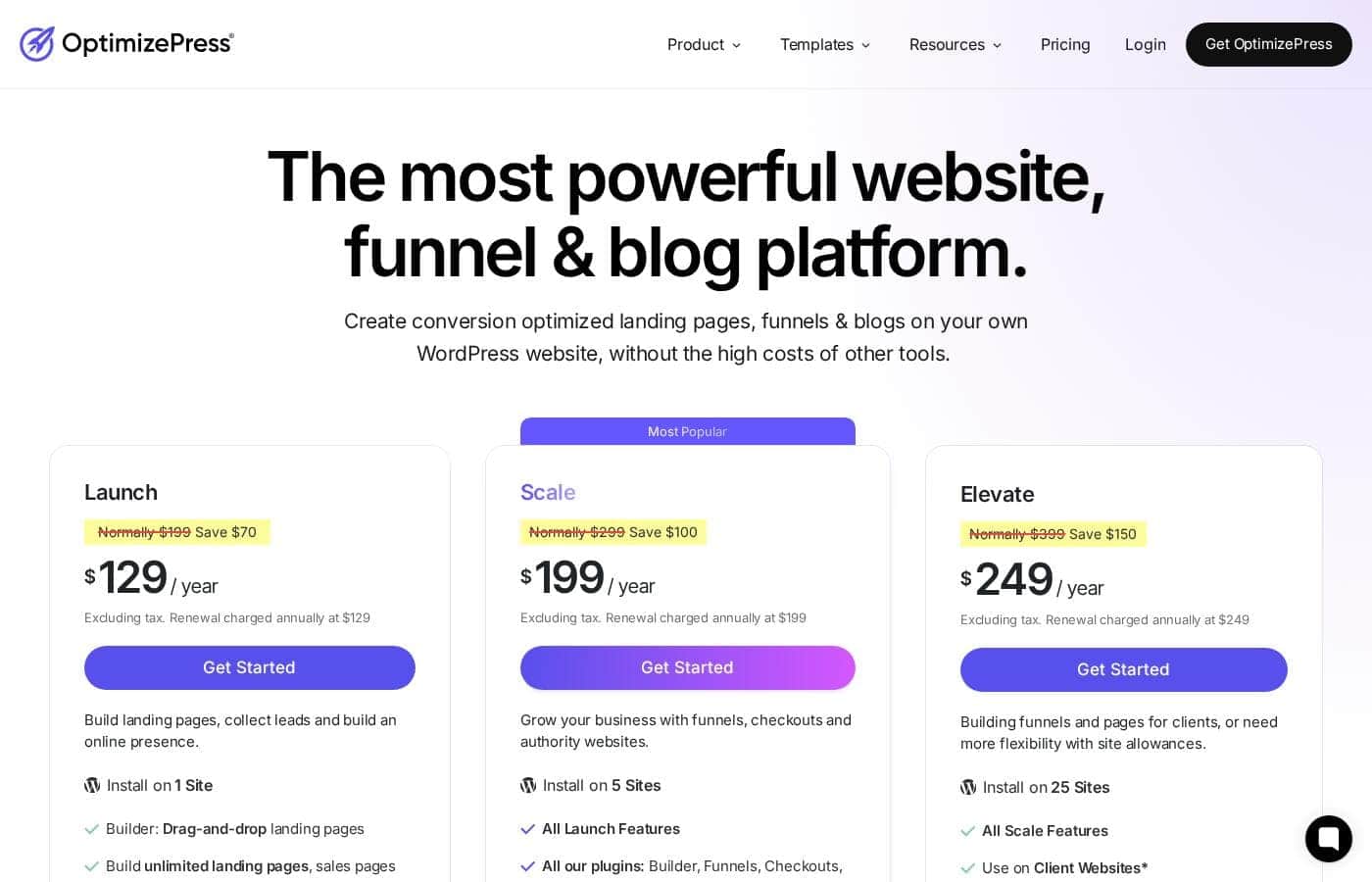 OptimizePress pricing page screenshot