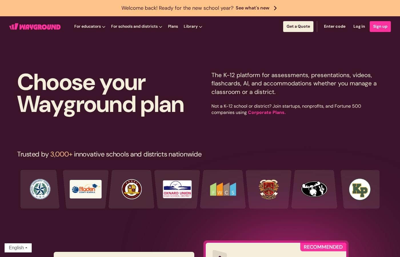 Quizizz pricing page screenshot