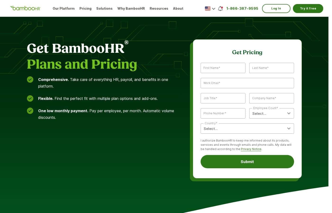 Скриншот страницы цен BambooHR