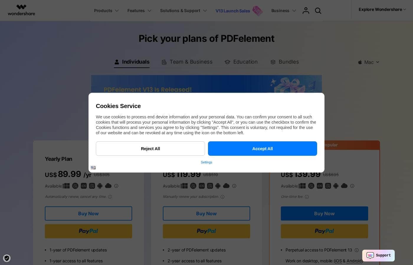 PDFelement pricing page screenshot