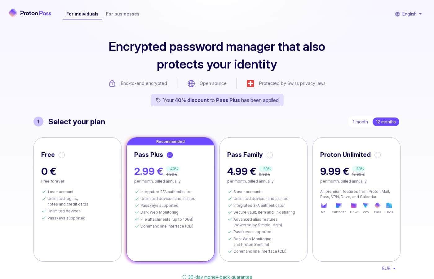 Proton Pass pricing page screenshot