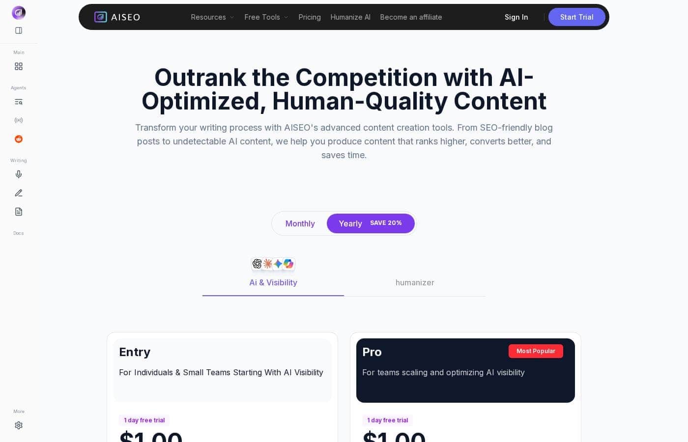 AISEO pricing page screenshot