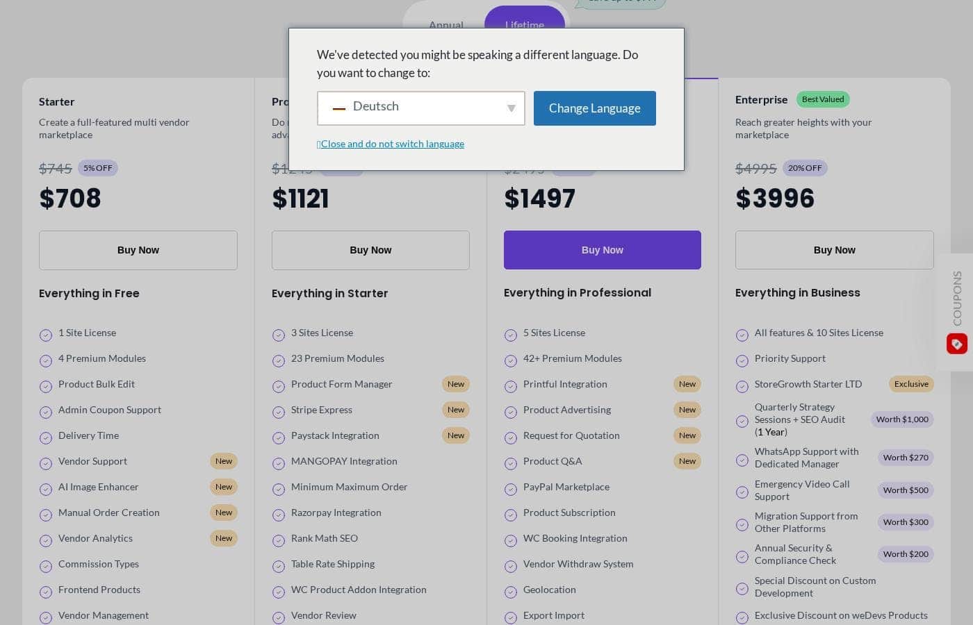 Dokan pricing page screenshot