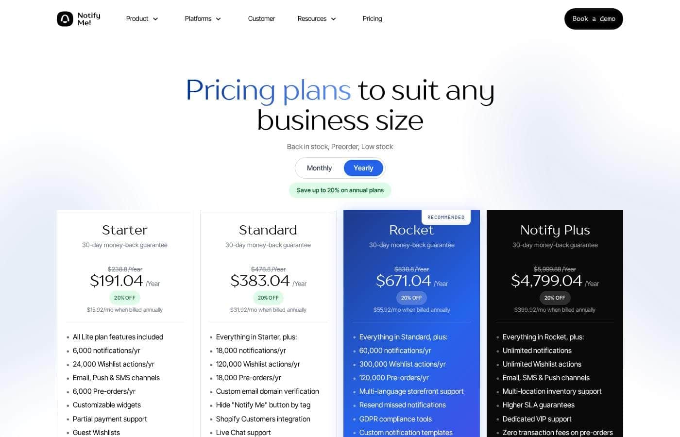 Notify Me pricing page screenshot