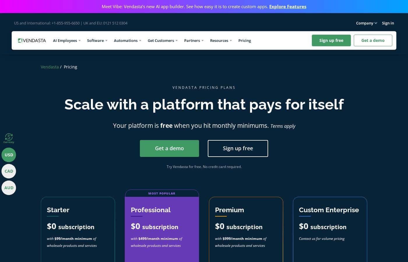 Vendasta pricing page screenshot
