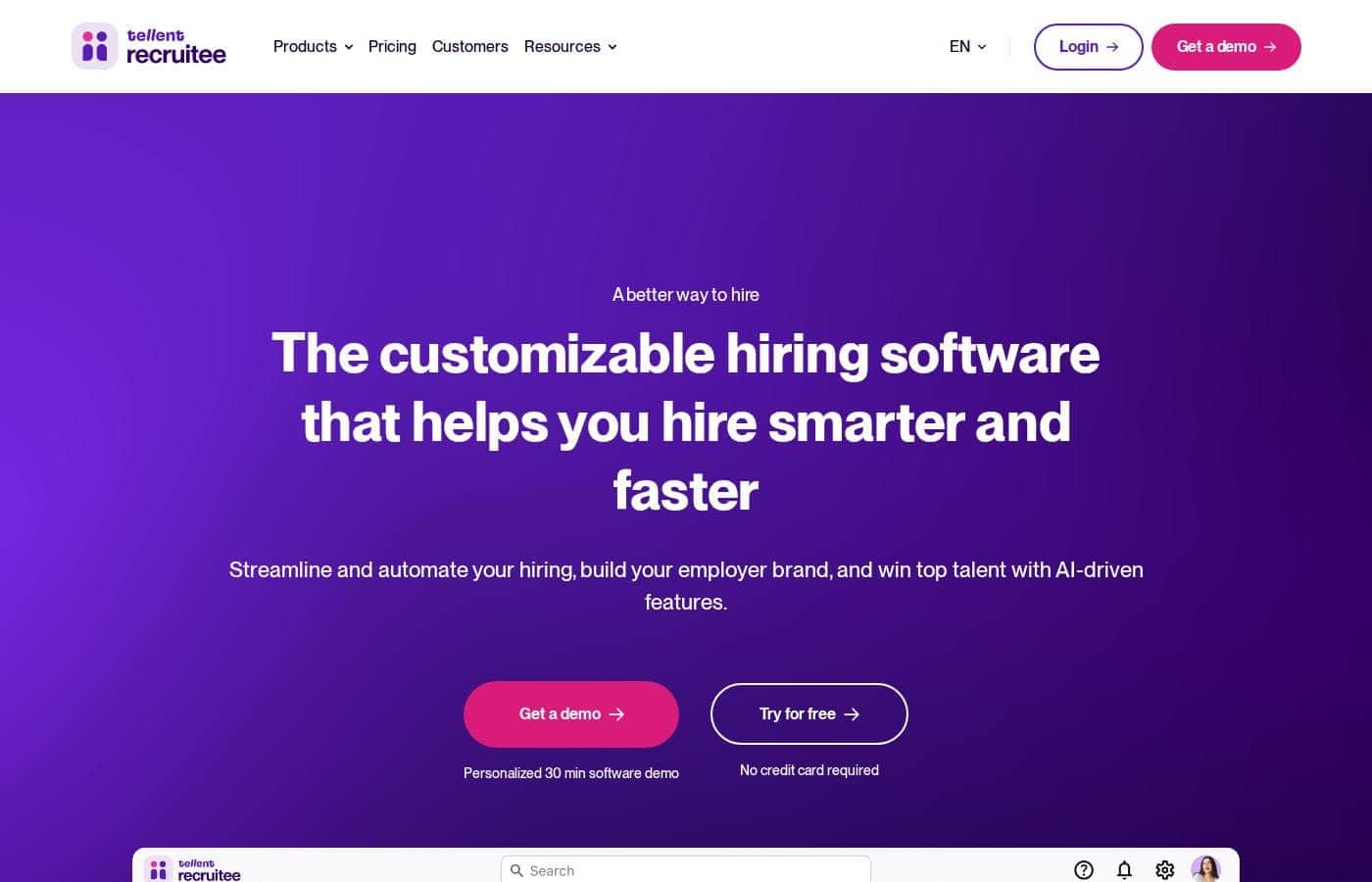 Recruiteeのホームページスクリーンショット