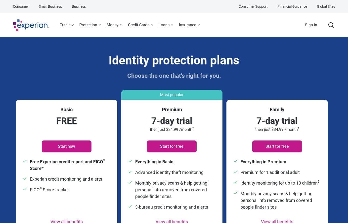 Скриншот страницы цен Experian