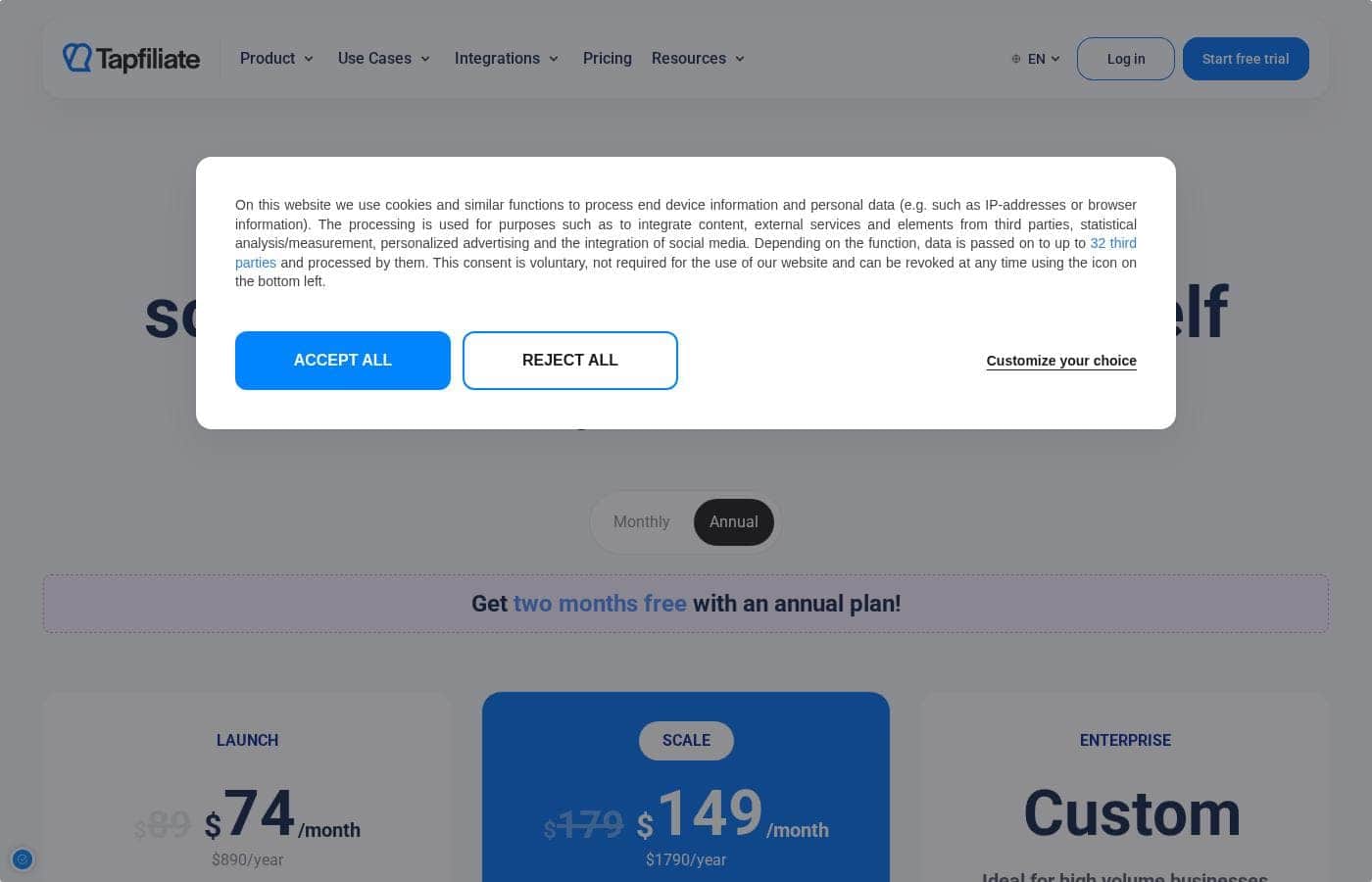 Tapfiliate pricing page screenshot