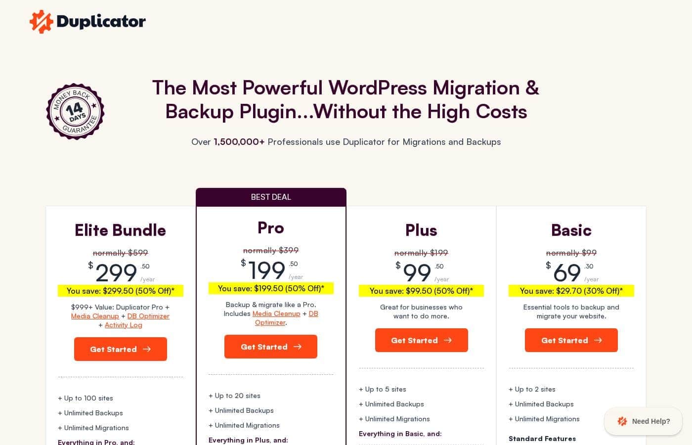 Duplicator Pro pricing page screenshot
