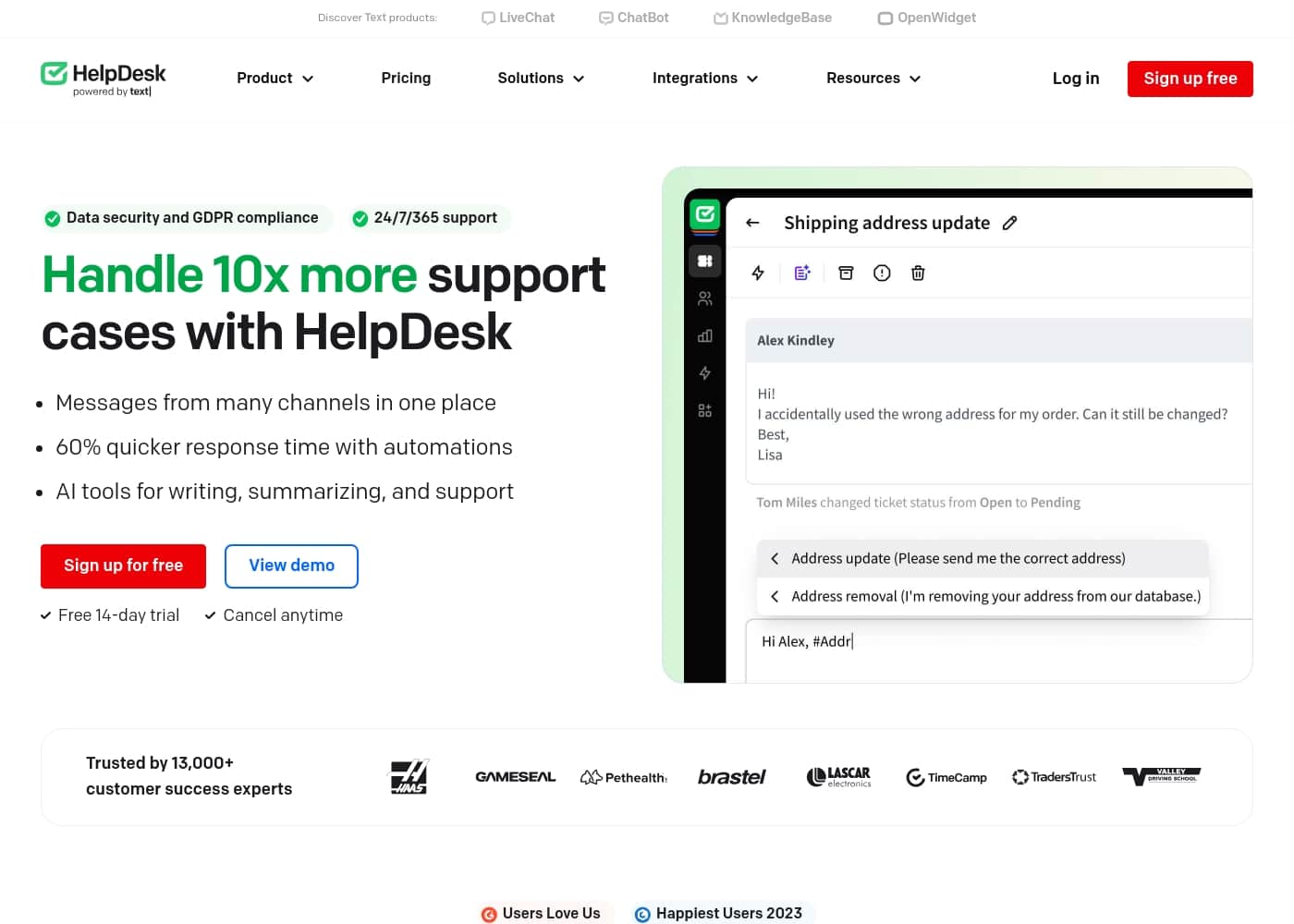 Captura de pantalla de la página de inicio de HelpDesk