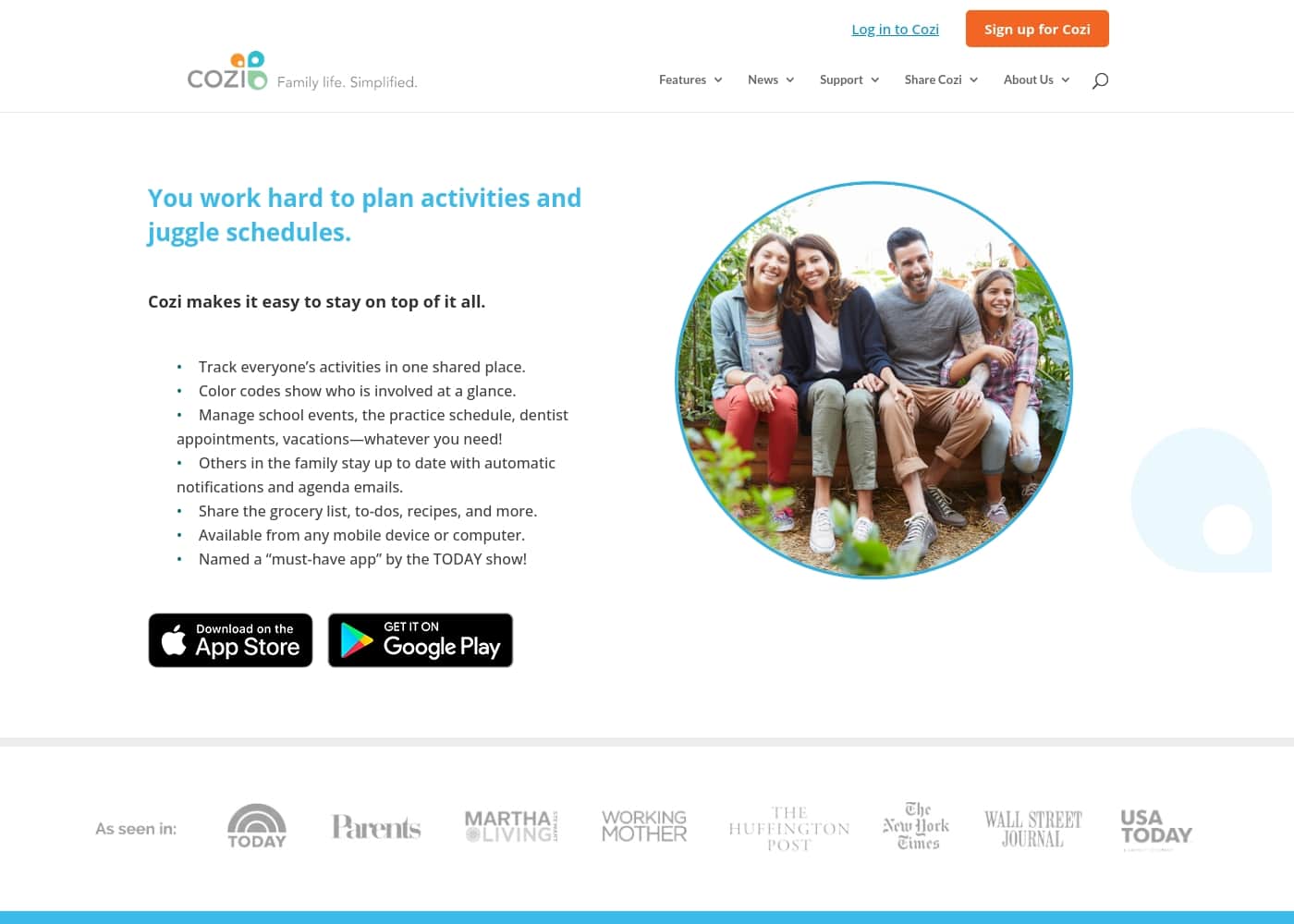 Cozi homepage screenshot