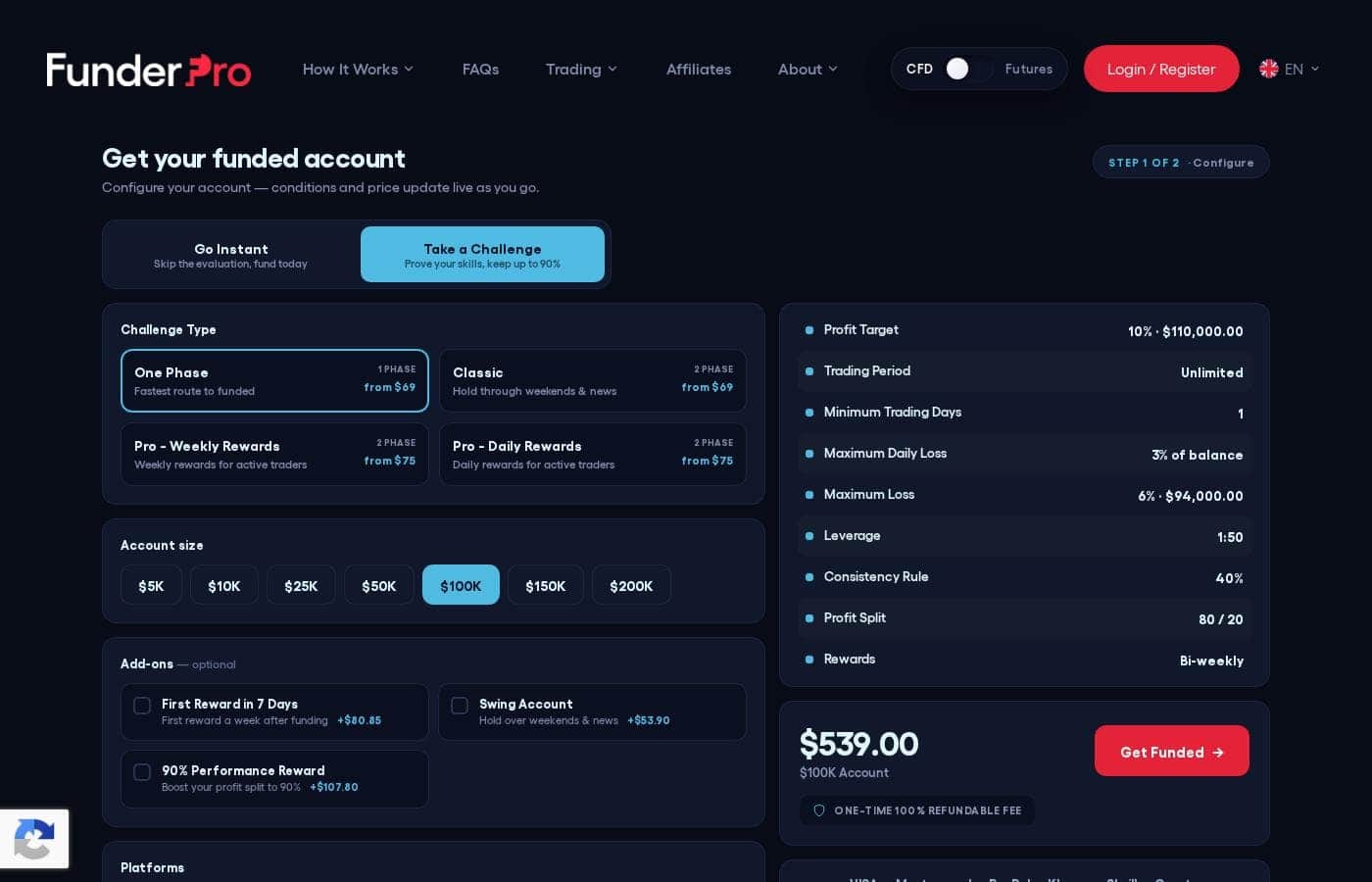 FunderPro pricing page screenshot