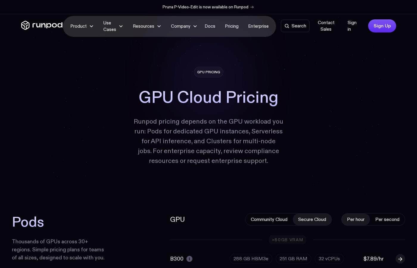 Runpod pricing page screenshot