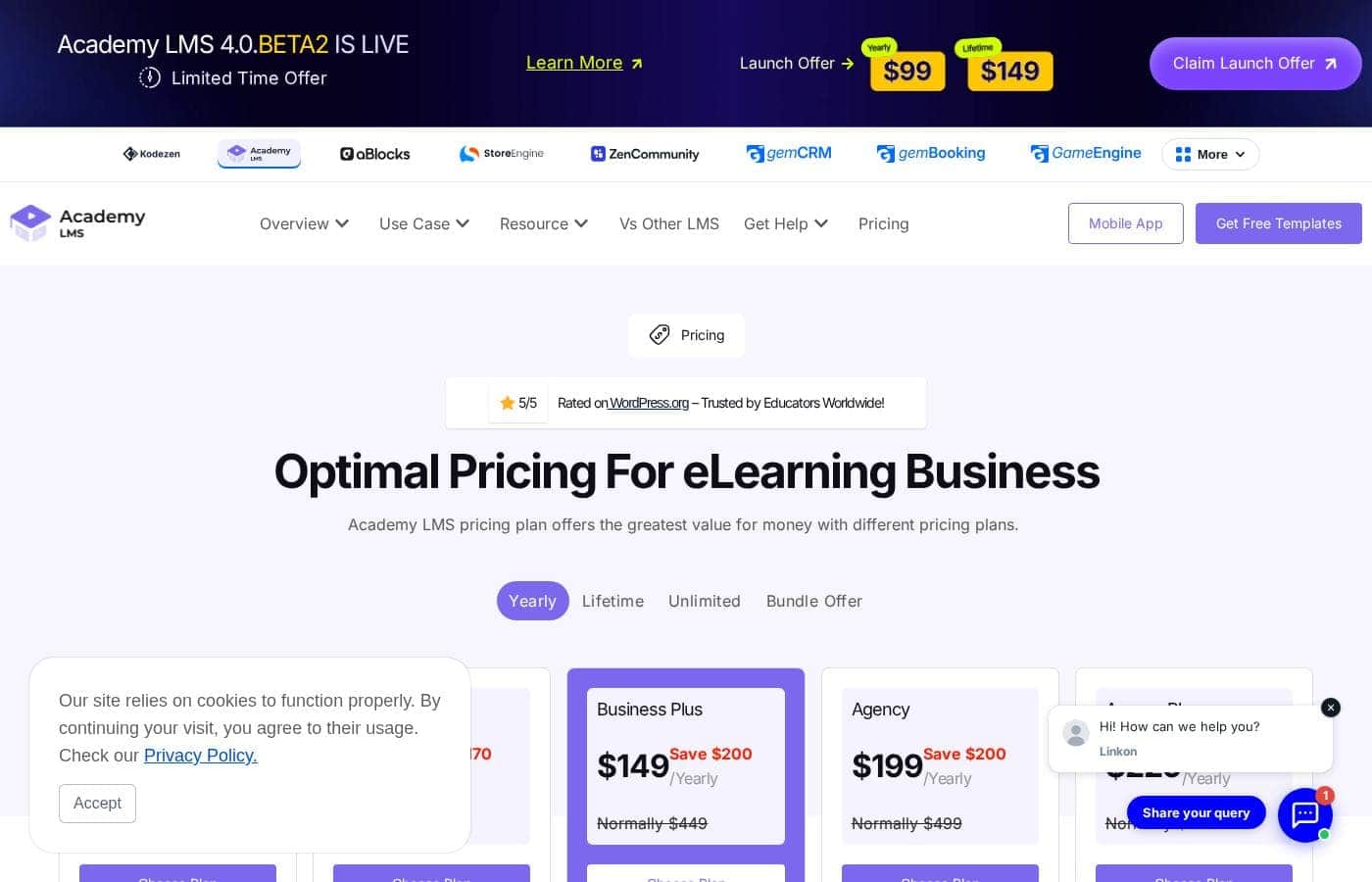 Academy LMS pricing page screenshot