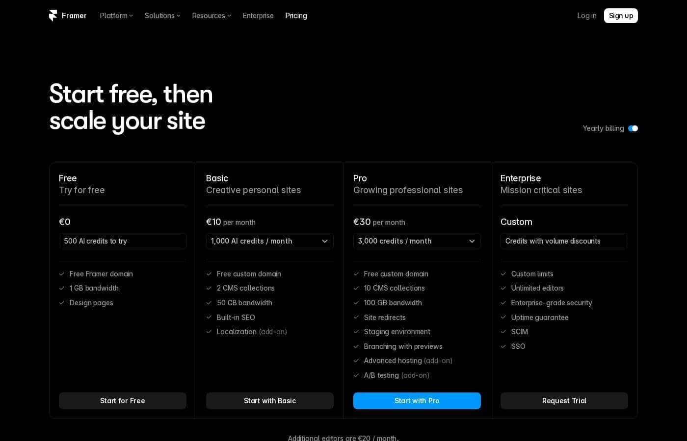 Framer pricing page screenshot